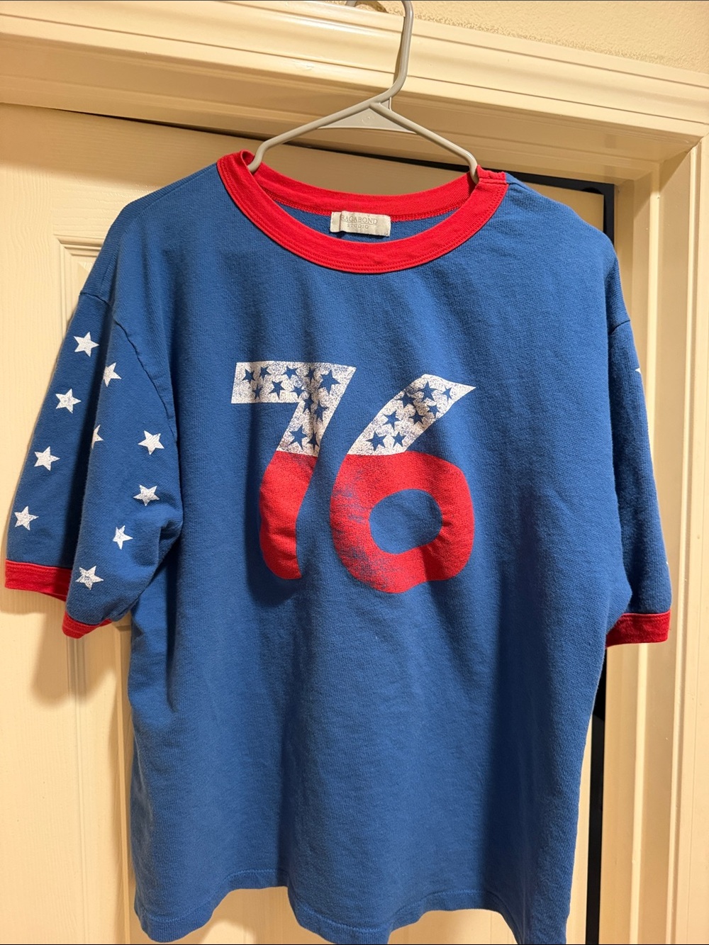 Blue and Red Short Sleeve Graphic Tee with '76' Stars